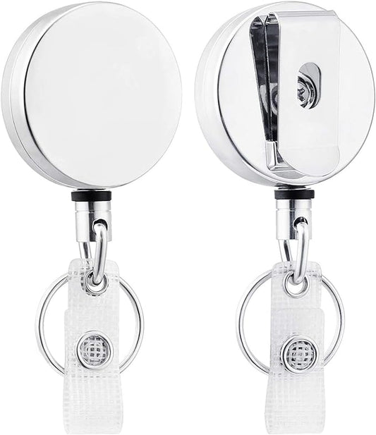Will Well ID Badge Holder Reel with Clip and Keyring - Heavy-Duty All-Metal Casing with 27.5"UHMWPE Fiber Pull Cord for Durability and Easy Access, Holds up to 8 Keys - 2-Pack, Round, Glossy Silver