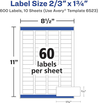 Avery Return Address Labels with Sure Feed and Easy Peel Technology, Glossy White Labels, 2/3" x 1-3/4", Permanent Adhesive, Laser/Inkjet, 600 Glossy Labels (6523)