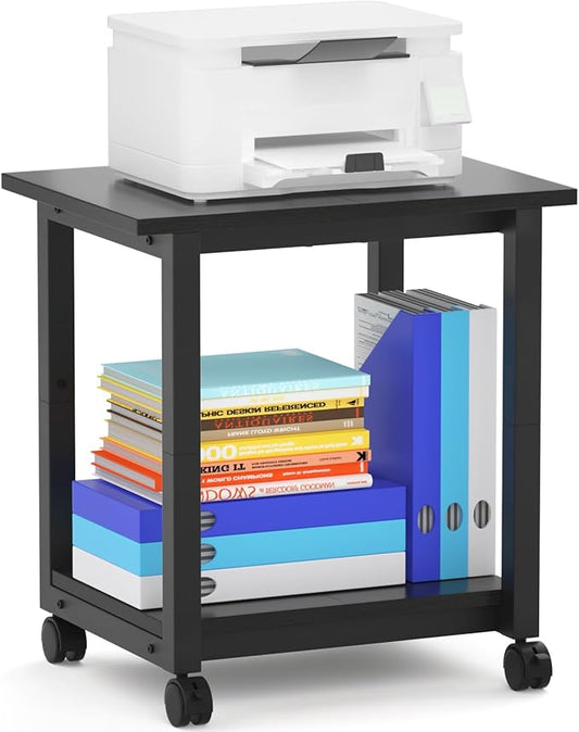 Under Desk Printer Stand, 2-Tier 19.5''x 16''x 22'' Rolling Printer Stand Storage Shelves for Printer, Scanner, Fax Machine, Files, Books with Anti-Skid Feet for Home, Office, Black