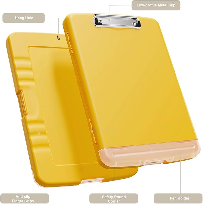 Piasoenc Clipboard with Storage, 8.5 x 11 Organization Box with Pen Holder and A4 Legal Paper Folder, Heavy Duty Plastic, Folio & Side-Opening, Low Profile Clip, for Nurses, Teachers, Yellow