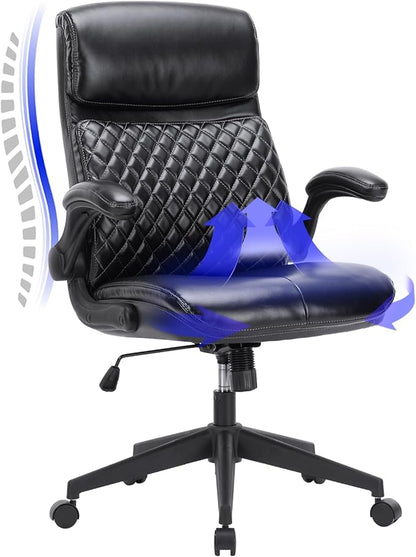 COLAMY Office Chair High Back Executive Computer Desk Chair, Ergonomic Home Office Chair with Padded Flip-up Arms, Adjustable Height and Tilt, Swivel Task Chair with Thick Leather, Diamond Black