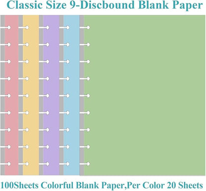 9-Disc Discbound 5 Colorful Blank Paper Pre-punched Happy Planners Inserts, 100Sheets/200Pages Classic Size Blank Loose-Leaf Paper, Per Color 20 Sheets, 7" x 9.25"