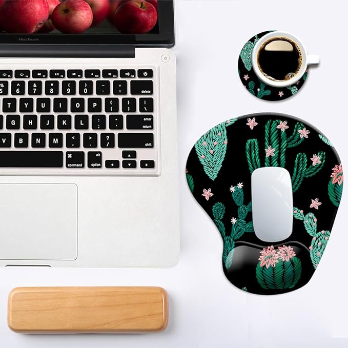 DOOKE Ergonomic Mouse Pad with Wrist Support and Coaster,Mouse Pads with Non-Slip PU Base for Home Office Working Studying Easy Typing & Pain Relief Cute Cactus