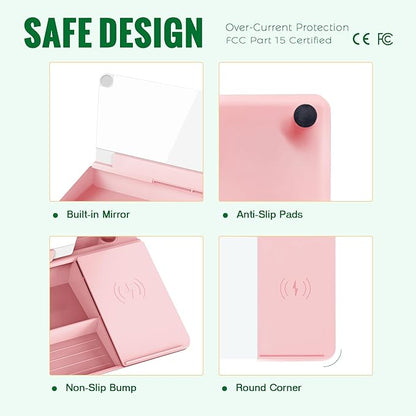 SELEAD Desktop Glass Whiteboard with Wireless Charger Station and Mirror, Desk Dry Erase Board Computer Pad Keyboard Stand with Organizer for Home, School, Office Accessories for Women, Pink