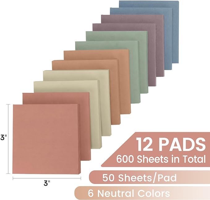 Sticky Notes, 12 Pads, 3x3 inches, Aesthetic Vintage Self-Sticky Note Pads, Ideal for Office, Study, and Daily Life Organization - Neutral Colors