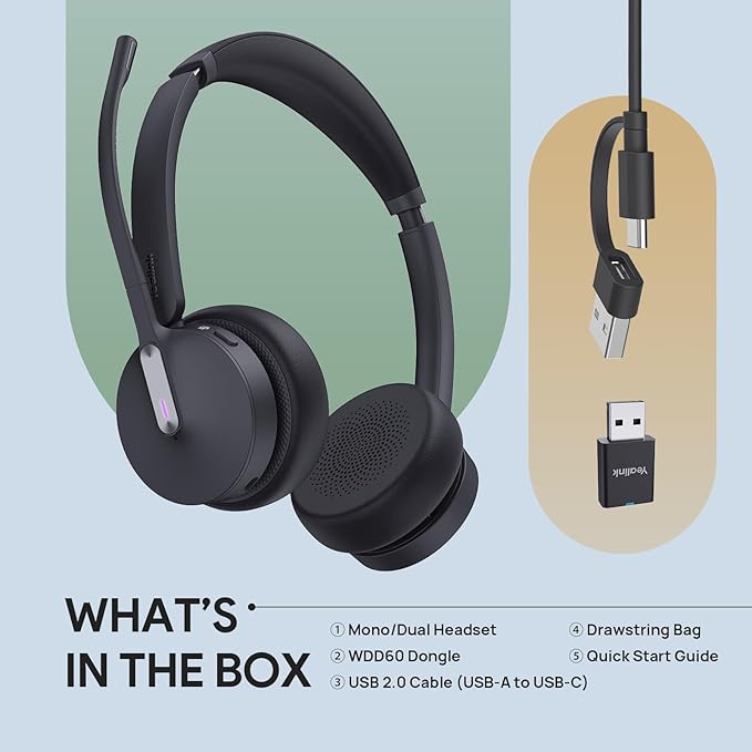 Yealink WH64 Hybrid with DECT Dongle, 492ft Range, 26 Talk Time Bluetooth Headset for Microsoft Teams, Zoom Skype Certified, Noise Cancelling Headset with 3X Mic, Work Headset for Laptop,PC Phone