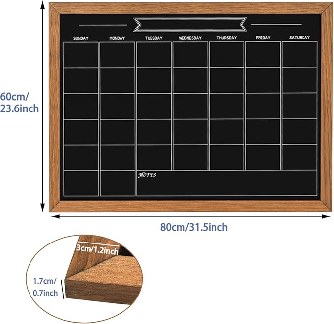 Calendar Chalkboard, 23.6" * 31.5", Magnetic Surface Rustic Brown Solid Pine Wood Frame Chalk Board for Planning/School Timetable/Memo, Hanging Board for Office, School and Home(YLHB-QZ-6080)