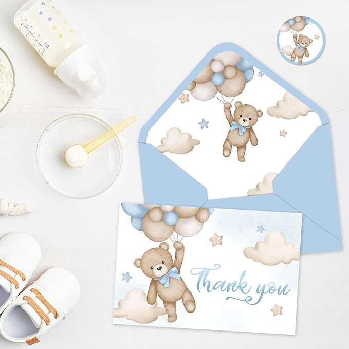 Whaline 24 Pack Bear Thank You Card Blue Bear Balloon Greeting Card with Envelope Sticker Cute Blank Note Card for Baby Shower Party Invitation Supplies, 4 x 6 Inch
