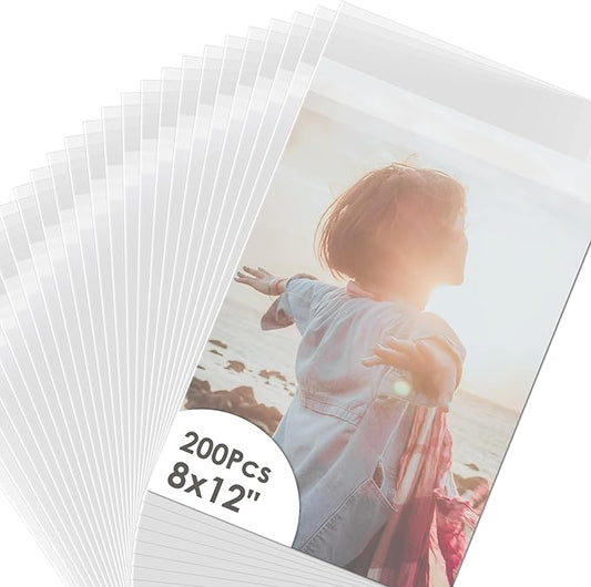 AUEAR, 200 Pack (8-7/16"x 12-1/4") Crystal Clear Resealable Sleeves Bags - Self Sealing Plastic Bags for Packaging Clothing, 8x12 Prints, Photos, Party Decorative Gift