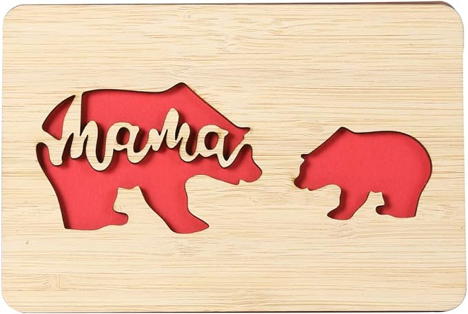 Handmade Birthday Card,Wooden Mother's Day Card from Daughter or Son,Mother's Day Gifts for Mum from Kids,Lovely Bear Baby and Mom Pattern Design,Unique Birthday Presents for Mum