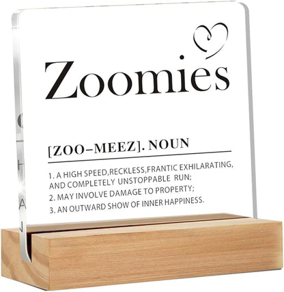 Dog Lover Gift, Dog Home Decor, Zoomies Definition Clear Desk Decorative Acrylic Sign With Wooden Stand for Office Desk Table Shelf (4 x 4 Inches)