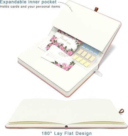 Small Notebook, Mini Pocket Journal A6 5.7" x 3.9", Leather Hardcover Journal with Pen Holder, 160 Thick Papers, Cute Lined Notebook Small Notepad for Women Writing Work Travel, Pink Sunglow