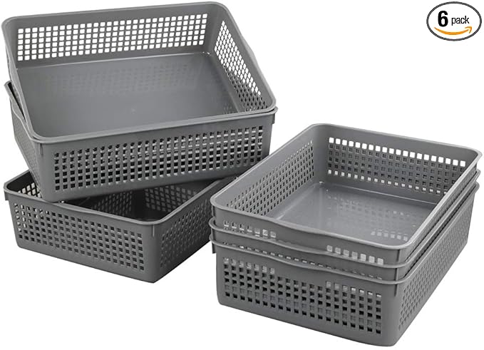 A4 Size Plastic Basket, Desktop File Storage Organization Tray, Set of 6 (Grey)