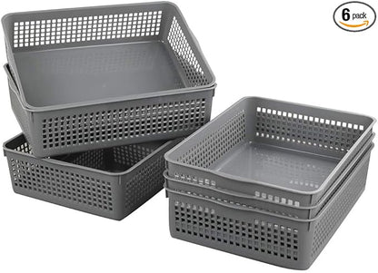 A4 Size Plastic Basket, Desktop File Storage Organization Tray, Set of 6 (Grey)
