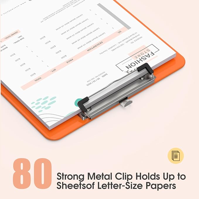 Plastic Clipboards 2 Pack, A4 Orange Clip Board 8.5x11 for Classroom, Students, Kid, Woman, Size 9" x 12.5" with Low Profile Clip, Office & School Supply