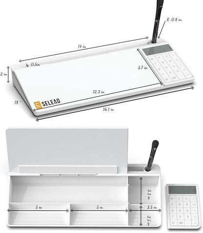 SELEAD Desktop Glass Whiteboard with Calculator, Organizer, Markers, Eraser, Holder - Small Dry Erase White Board Computer Pad Keyboard Stand for Home, School, Office Desk Cubicle Accessories