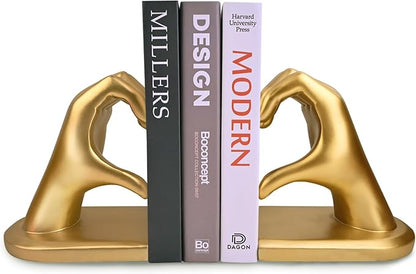 Gold Decorative Bookends for Shelves, Heart Hands Book Ends Sculpture Aesthetic Decor for Bedroom Living Room Merch Apartment Bookshelf Birthday Women Decorations Stuff Aesthetic