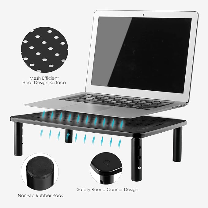 Monitor Riser Desktop Stand, Flat Screen TV Monitor Stand Riser, Sturdy Metal Laptop Computer Monitor Stand Shelf for Printer, iMac, 3 Height Adjustable PC Stand with Mesh Platform