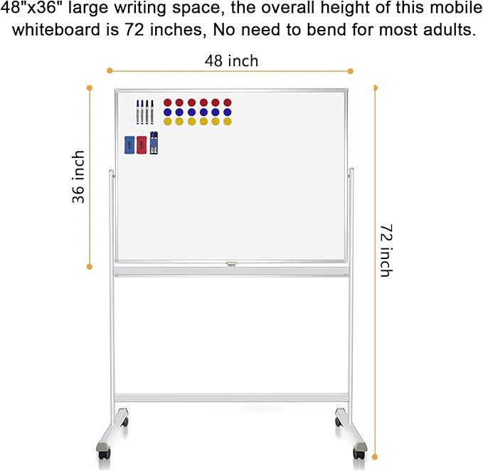 H-Qprobd Rolling Whiteboard with Stand 48"x36" Double-Sided Mobile Magnetic Dry Erase Board on Wheels for Home, Office & School