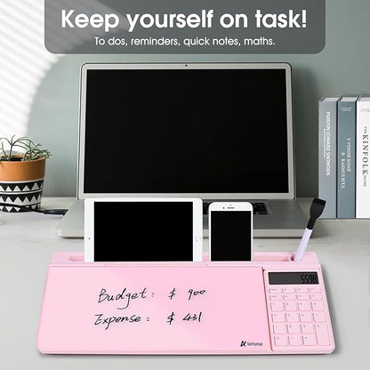 Varhomax Glass Desk Whiteboard Pink with Calculator, Desktop Dry Erase White Board with Storage, to Do List Memo Notepad for Home and Office