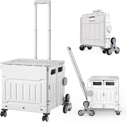 Foldable Utility Cart with Stair Climbing Wheels,Folding Portable Rolling Crate Handcart with Aluminium Alloy Telescoping Handles, Handcart for Grocery Book File Tool Art Supplies