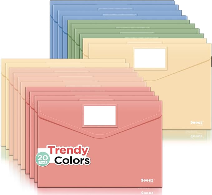 Sooez 20Pack Plastic Envelopes, Plastic File Folder, Folders for Documents Vintage Colors, Super Heavyweight Plastic Document Holder, Storage Pouches, File Envelopes for School Office Supplies