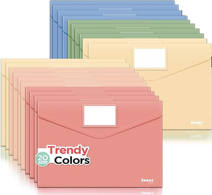 Sooez 20Pack Plastic Envelopes, Plastic File Folder, Folders for Documents Vintage Colors, Super Heavyweight Plastic Document Holder, Storage Pouches, File Envelopes for School Office Supplies