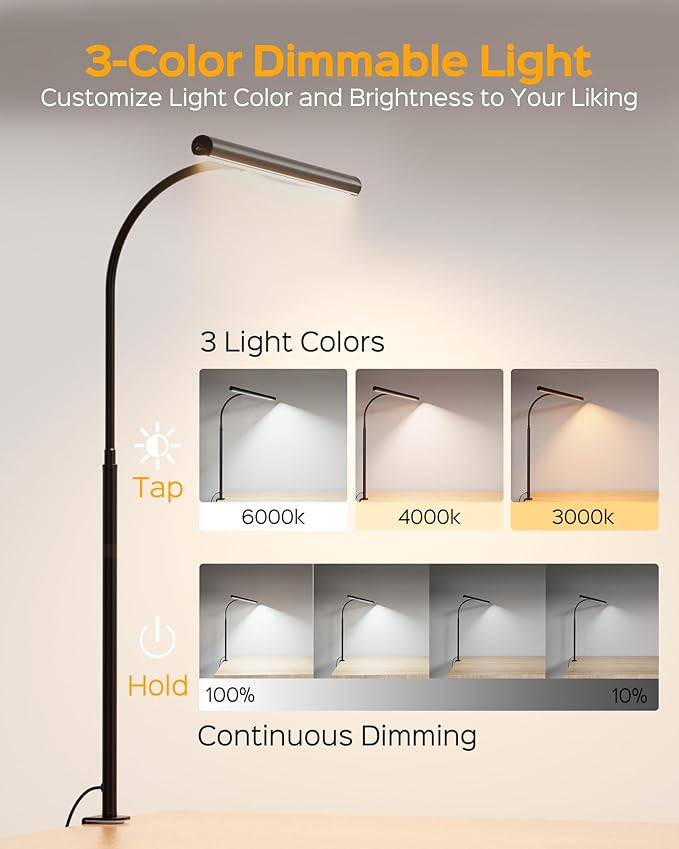 SUPERDANNY Desk Lamp for Home Office, Eye-Caring Desk Light with Adjustable Gooseneck, 12W Touch Control Dimmable Brightness, Architect Clamp Lamp for Computer Monitor