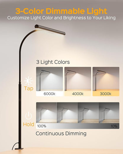 SUPERDANNY Desk Lamp for Home Office, Eye-Caring Desk Light with Adjustable Gooseneck, 12W Touch Control Dimmable Brightness, Architect Clamp Lamp for Computer Monitor
