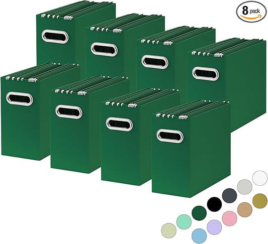 Oterri File Organizer, Small Storage Box, Cardboard File Folder Organizer, Collapsible File Box, Hanging File Organizer for Letter Size, Portable File Box with Handle, Only Box (Dark Green,8 Packs)