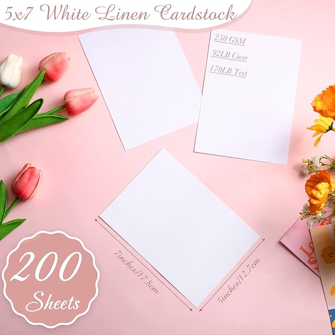 Geosar 200 Sheet Linen Cardstock 5 x 7 Invitation Cardstock Heavy Weight Printer Paper 92lb 250GSM Index Cards for Printer Cover Postcards Blank Flash Note Greeting