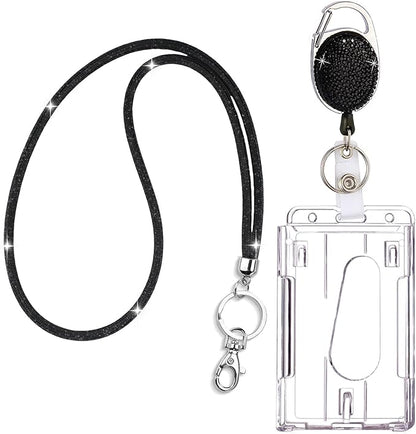 VIQWYIC Retractable ID Badge Holder with Clip, ID Name Badge Reels with Bling Rhinestones Retractable Card Holder for Office Worker Teacher Doctor Nurse (Black)