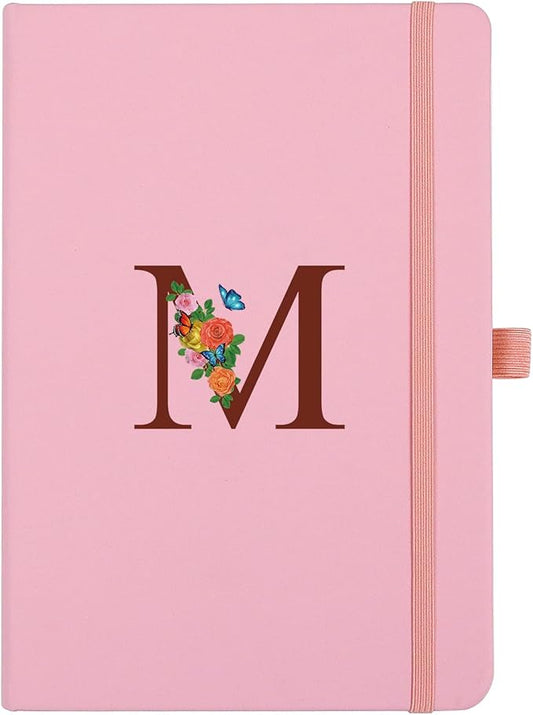 Pink Notebook for Women, 5.7"X8.3" A5 Journal Notebook with Letter M, Dual-Sided Writing Notebook with Dividers, Cute Leather Journal for Work, Business, School, Meetings, Travelers, Small Notebook