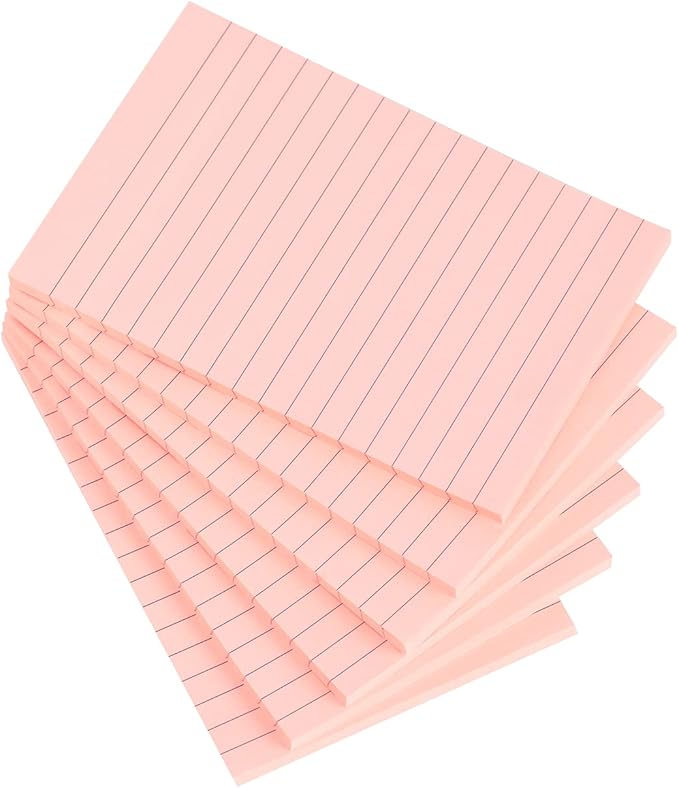 Vanpad Lined Sticky Notes 4X6 in Bright Pink Ruled Stickies Super Sticking Power Memo Pads Strong Adhesive, 6 Pads/Pack, 45 Sheets/pad