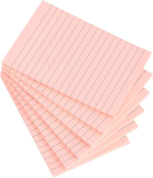 Vanpad Lined Sticky Notes 4X6 in Bright Pink Ruled Stickies Super Sticking Power Memo Pads Strong Adhesive, 6 Pads/Pack, 45 Sheets/pad