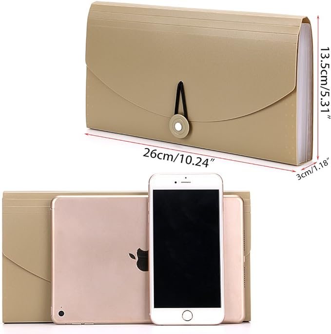 BTSKY Expanding File Folder -13 Pockets Small Accordion File Folder Expandable Card Ticket Holder File Storage Folder Check Bill File Folder Plastic Business Document Organizer Wallet Case, Khaki