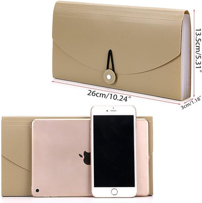 BTSKY Expanding File Folder -13 Pockets Small Accordion File Folder Expandable Card Ticket Holder File Storage Folder Check Bill File Folder Plastic Business Document Organizer Wallet Case, Khaki