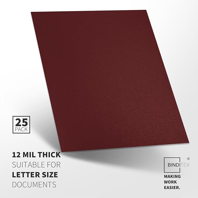 Binditek 25 Pack 12 Mil Sand-Textured Polycover - Plastic Binding Cover for Business Reports and Proposals - Lightly Textured Sand Finish - Square Corners, Un-Punched, Maroon Color, Office Supplies