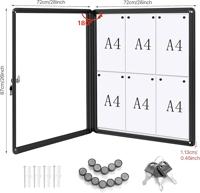 SWANCROWN Lockable Bulletin Boards Black Frame Enclosed Display Case,with Magnets,for School Message Notice 28x26inch(6XA4)