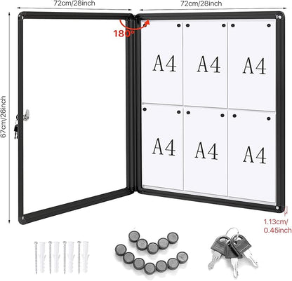 SWANCROWN Lockable Bulletin Boards Black Frame Enclosed Display Case,with Magnets,for School Message Notice 28x26inch(6XA4)