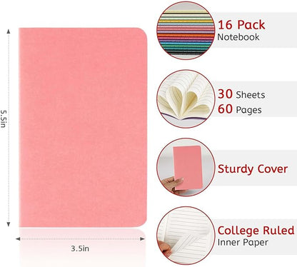 16PCS Mini Notebooks Bulk, 3.5" x 5.5", 16 Color, 60 Pages Lined Paper Small Pocket Notebook Set, Mini Journal Memo Notepads for Kids, Students, Traveler, School Office Supplies