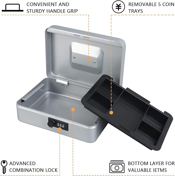 KYODOLED Large Cash Box with Combination Lock,Safe Metal Box for Money, Storage Lock Box with Money Tray,9.84"x 7"x 3.54" Lightgrey Large