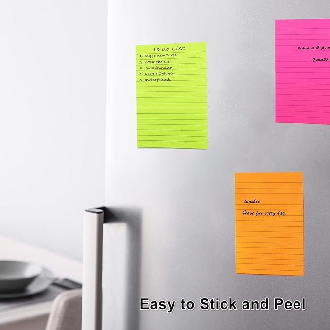 9 Pack Lined Sticky Notes 4x6 in Post Sticky Notes with Lines, 9 Bright Colors Large Ruled Post Sticky Colorful Super Sticking Power Memon Pads, Sticky Notes 4x6 for Office, Home, 35 Sheets/Pad