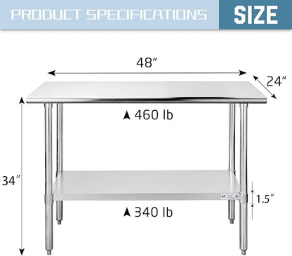 HALLY Stainless Steel Table for Prep & Work 24 x 48 Inches, NSF Commercial Heavy Duty Table with Undershelf and Galvanized Legs for Restaurant, Home and Hotel