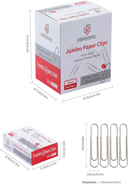 PAPERPAL Jumbo Paper Clips Nonskid, 1000 Large Paper Clips (10 Boxes of 100 Each), Bulk Paperclips for Office School & Personal Use, Daily DIY, 2" Silver Heavy Duty Non-Skid Paper Clips Jumbo Size
