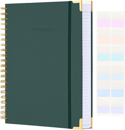 Spiral Notebook, Hardcover Leather Journal for Women Men, 300 Page Thick Notebooks College Ruled for Work, School, Note Taking, Writing Journals, Large A5 Notebook with Tabs Sticky, 5.7" x 8.5", Green