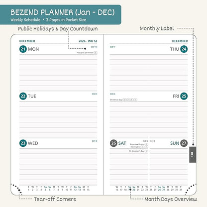 BEZEND Pocket Calendar 2026 Weekly and Monthly (3.5" x 6") Small Daily Planner for Purse (Jan-Dec) with Notes & Expenses, Inner Pocket, Pen Holder, Vegan Leather Hardcover - Cornflower