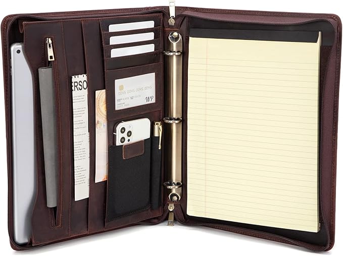 Genuine Leather Portfolio with 3 Ring Binder, Full Grain Leather Padfolio Zippered, A4 Notebook Holder Laptop Sleeve Professional Folder Organizer Gift for Men and Women, Dark Brown