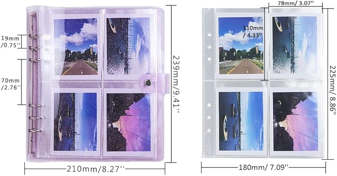 Purple Glitter PVC Kpop Photocard Binder Loose Leaf 6-Ring Wide A5 Photocards Holder with 4 Inch 200 Pockets Photo Pages Transparent Card Sleeve Protectors Page for Photos Cards Album Folder Organizer