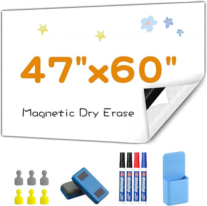 Dry Erase Adhesive Whiteboard Paper, 47" x 60" Stick on Magnetic Contact White Board Sticker on Wall for School, Office, Kitchen Fridge, Kids Drawing